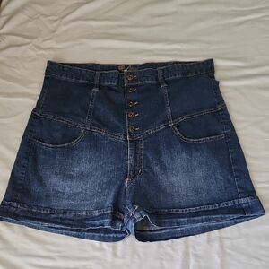 Lipsy High-Waist Dark Blue Denim Stretch Shorts with Button Front